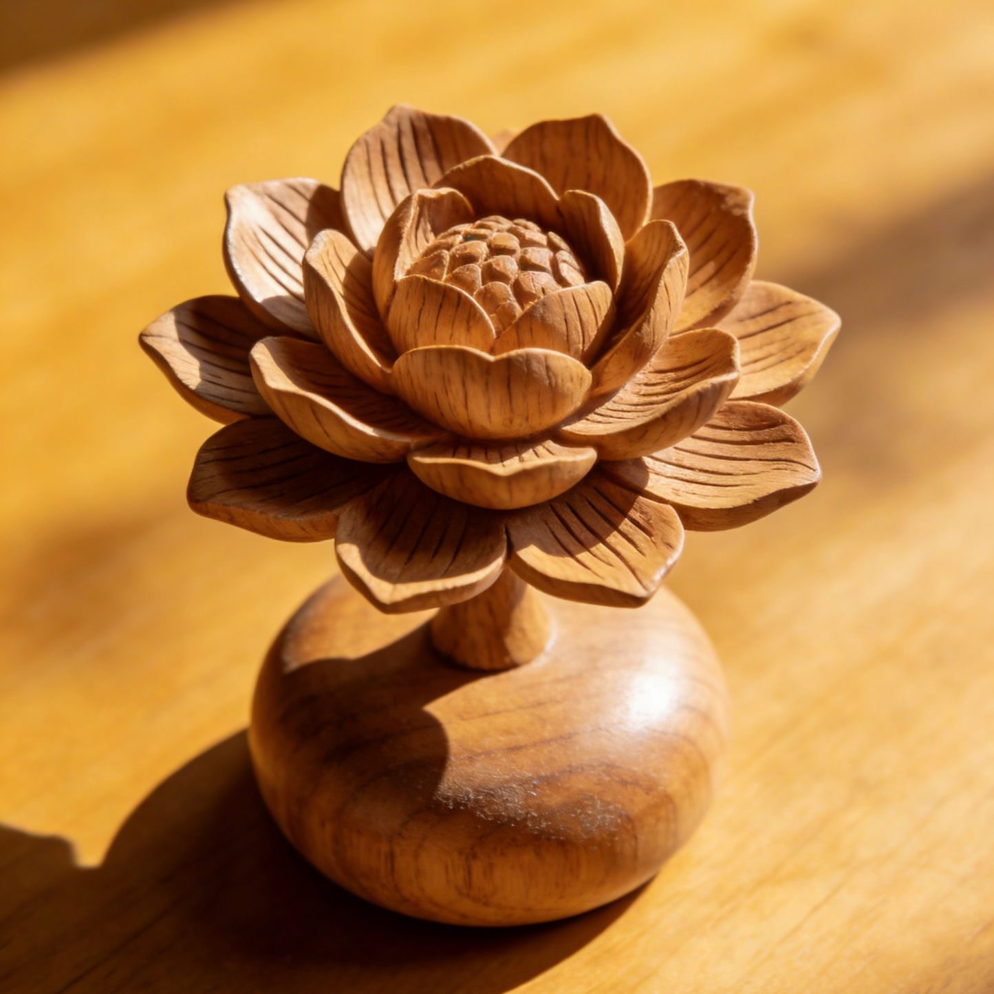 Hand-Carved Wooden Lotus Sculpture - 3D Layered Petal Statue with Round Base for Zen Home Decor