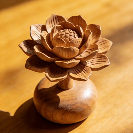 Hand-Carved Wooden Lotus Sculpture - 3D Layered Petal Statue with Round Base for Zen Home Decor