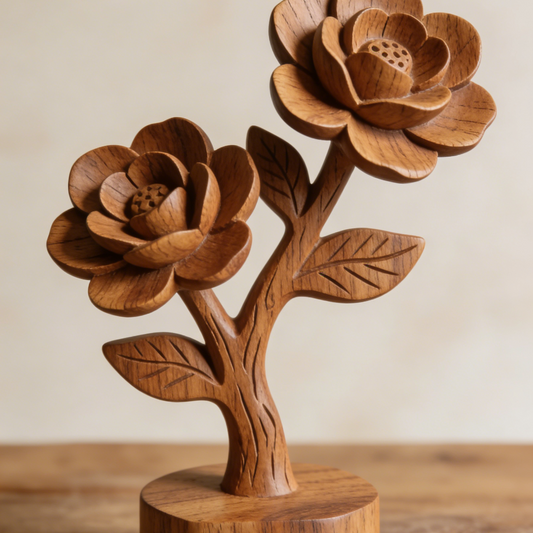 Hand-Carved Wooden Camellia Sculpture - 2-Flower Branch Decor for Bookshelf & Living Room