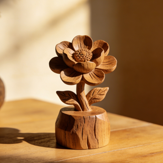 Hand-Carved Wooden Camellia Flower Statue - Single Bloom with Leaves & Rustic Base for Tabletop Decor