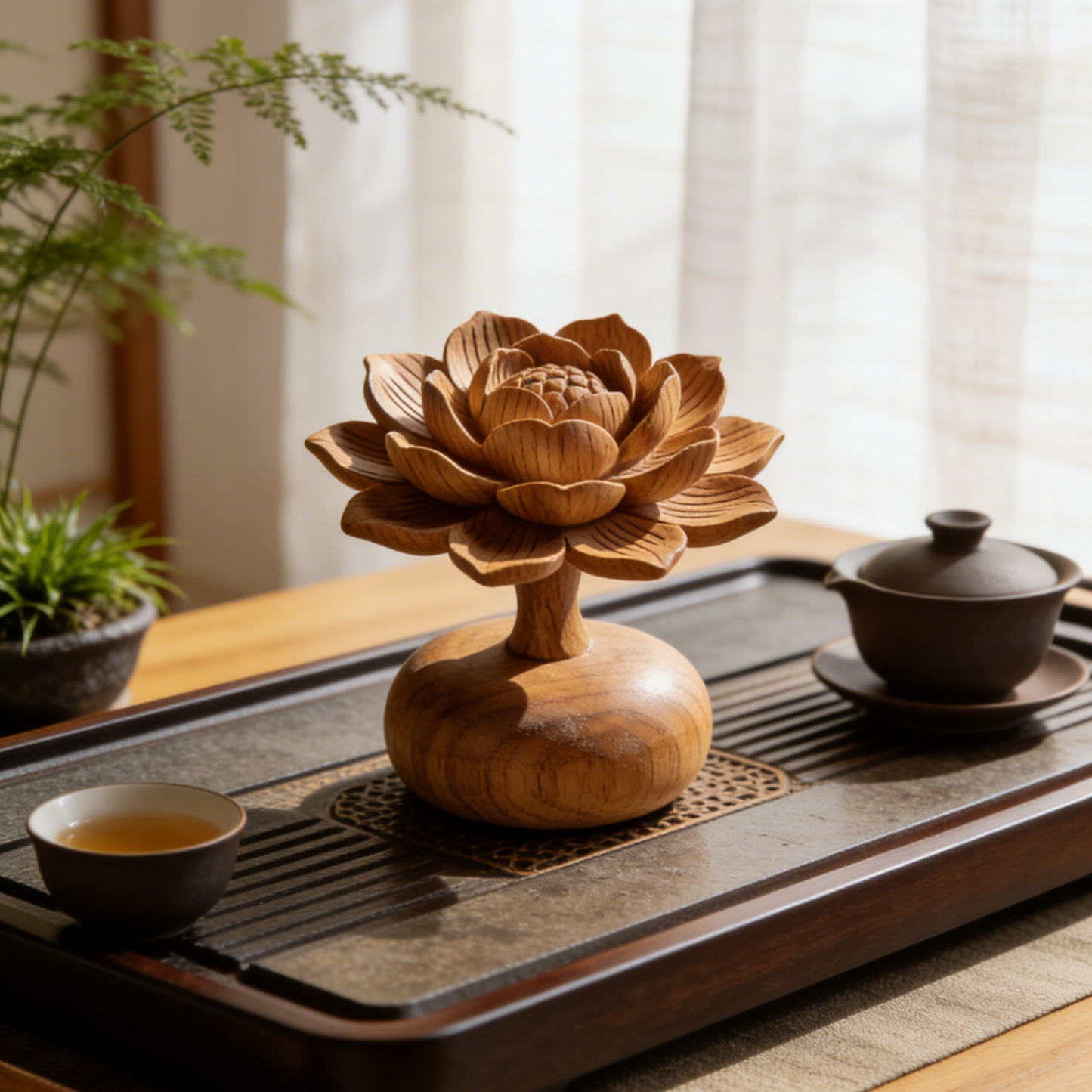 Hand-Carved Wooden Lotus Sculpture - 3D Layered Petal Statue with Round Base for Zen Home Decor