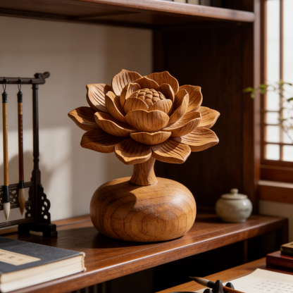 Hand-Carved Wooden Lotus Sculpture - 3D Layered Petal Statue with Round Base for Zen Home Decor