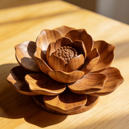 Flat Hand-Carved Wooden Lotus Decor - Layered Petal Flower Ornament for Tabletop & Altar