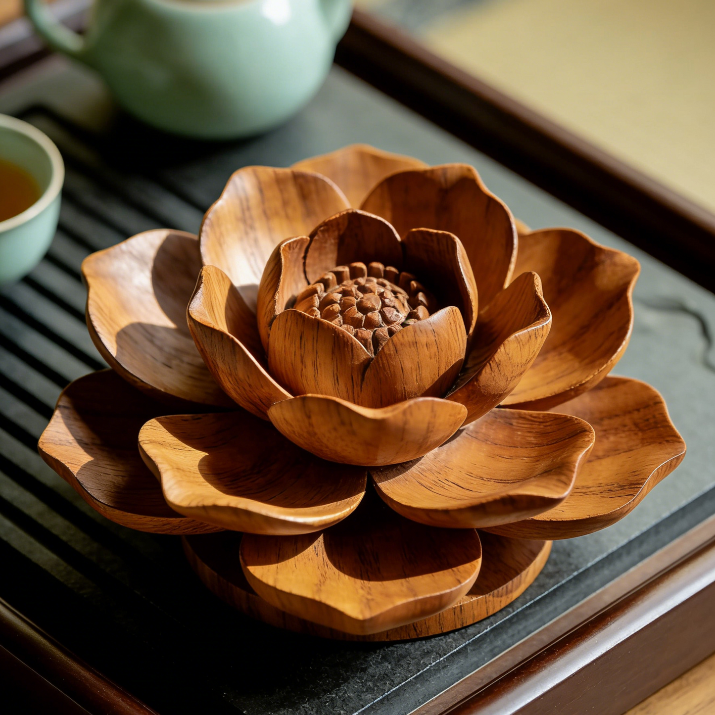 Flat Hand-Carved Wooden Lotus Decor - Layered Petal Flower Ornament for Tabletop & Altar