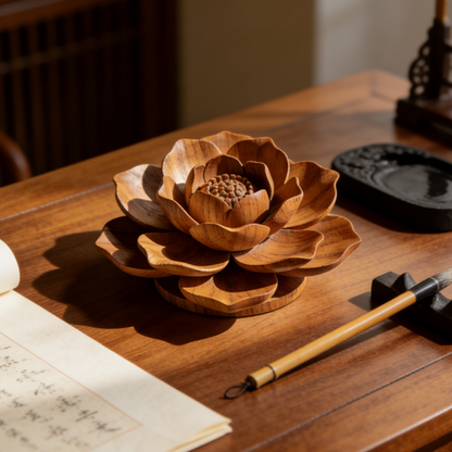 Flat Hand-Carved Wooden Lotus Decor - Layered Petal Flower Ornament for Tabletop & Altar