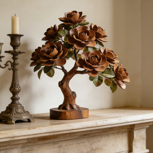 Large Hand-Carved Wooden Camellia Tree Sculpture - Blooming Floral Tree Decor for Mantel & Entryway