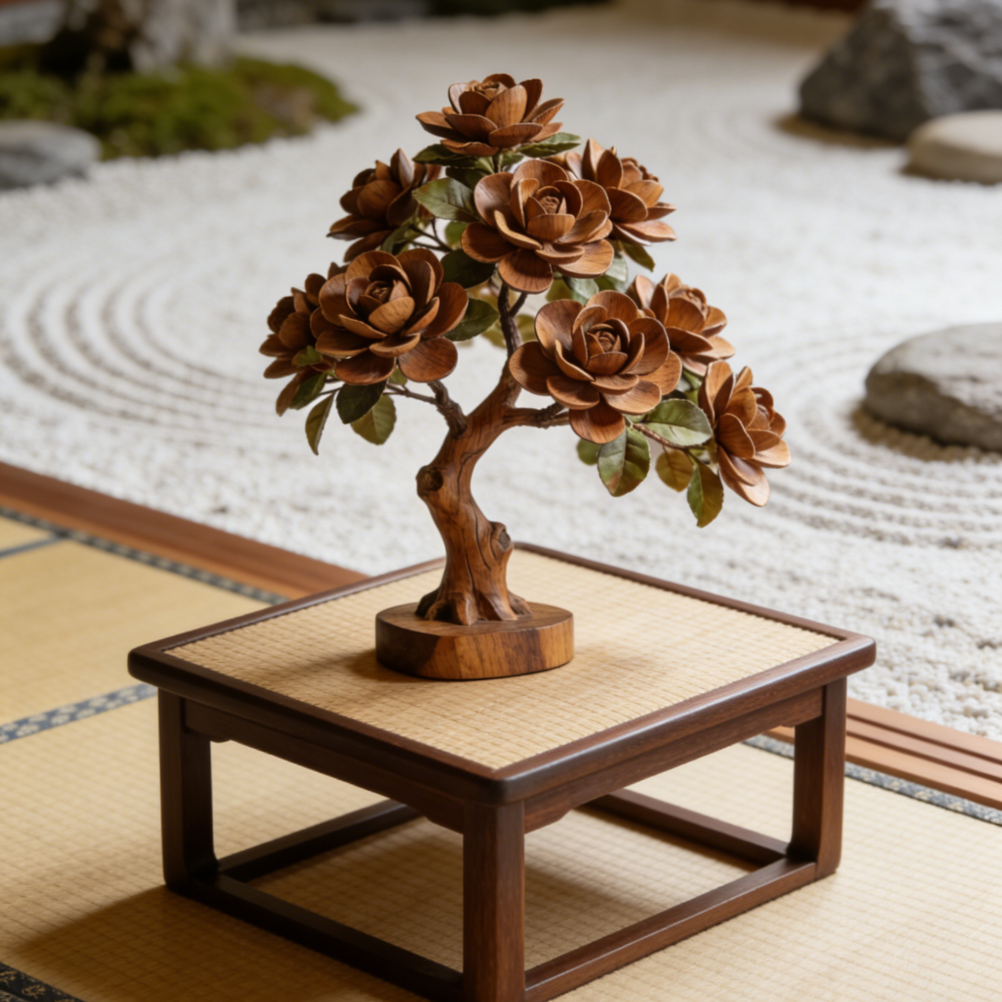Large Hand-Carved Wooden Camellia Tree Sculpture - Blooming Floral Tree Decor for Mantel & Entryway
