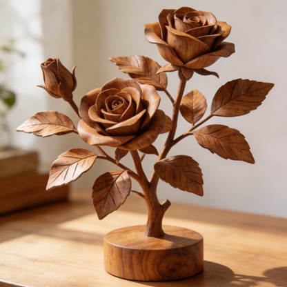 Hand-Carved Wooden Rose Sculpture - 2-Bloom Branch Decor for Romantic & Wedding Gifts