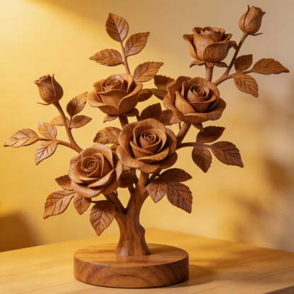 Large Hand-Carved Wooden Rose Tree Sculpture - 5-Bloom Floral Tree Decor for Home & Wedding Centerpiece