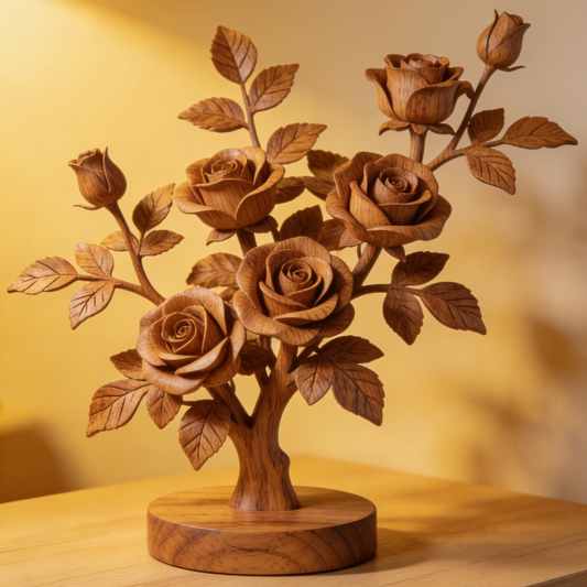 Large Hand-Carved Wooden Rose Tree Sculpture - 5-Bloom Floral Tree Decor for Home & Wedding Centerpiece