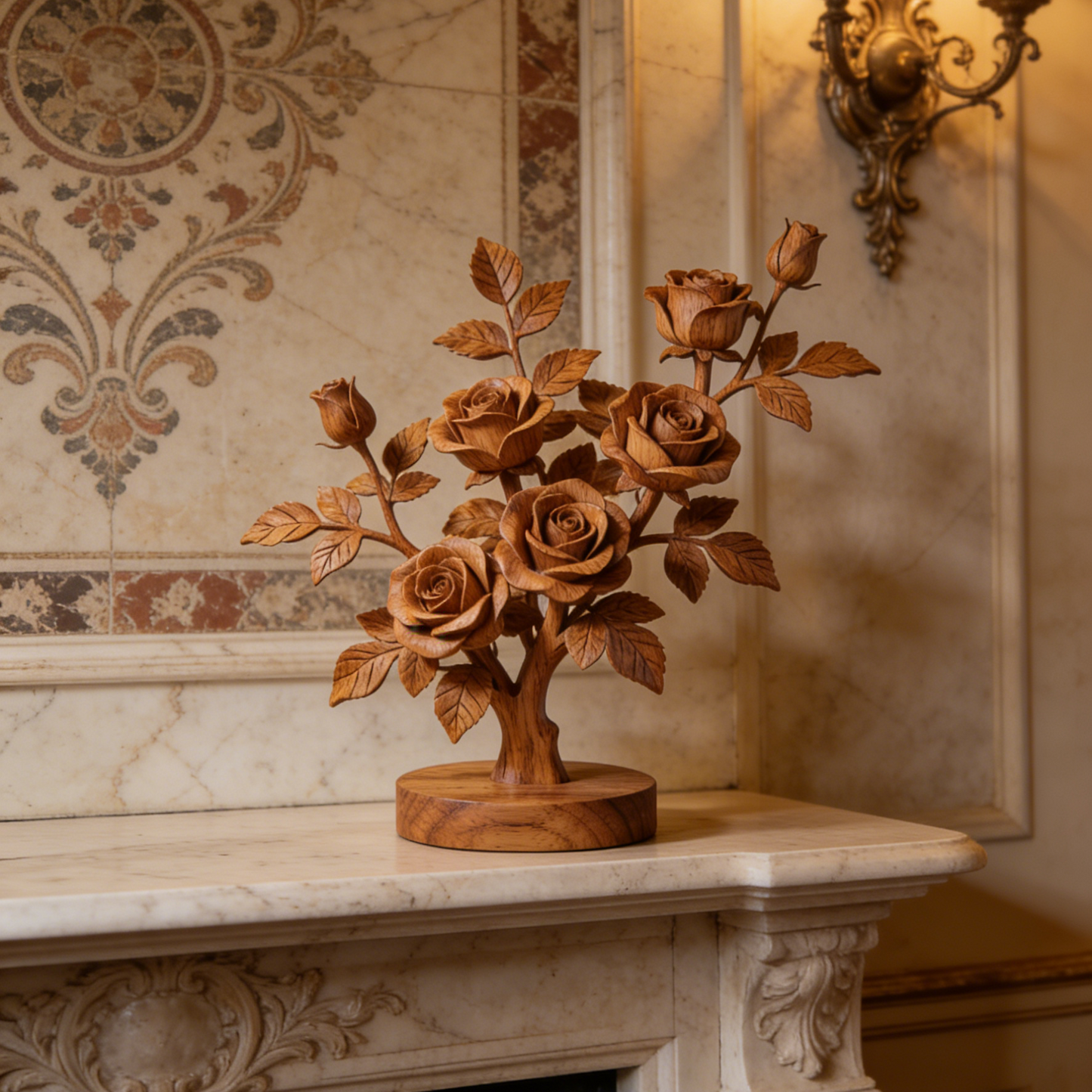 Large Hand-Carved Wooden Rose Tree Sculpture - 5-Bloom Floral Tree Decor for Home & Wedding Centerpiece