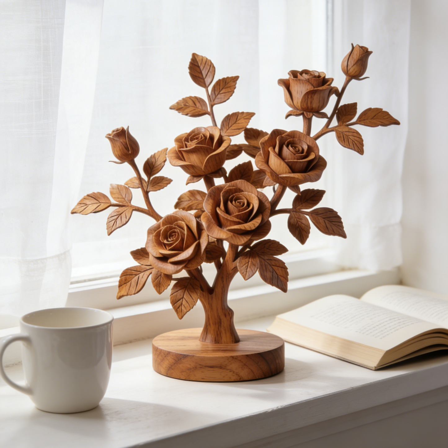 Large Hand-Carved Wooden Rose Tree Sculpture - 5-Bloom Floral Tree Decor for Home & Wedding Centerpiece