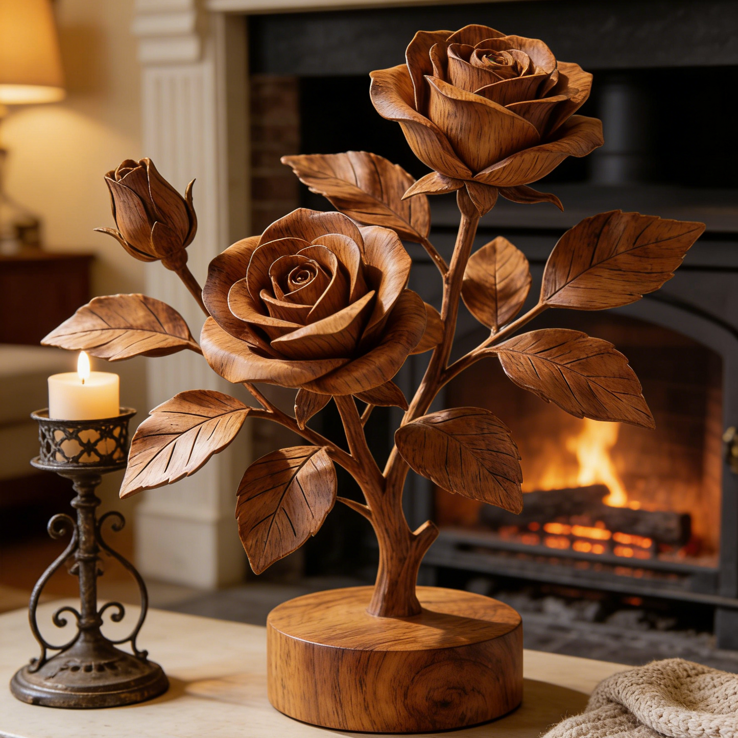 Hand-Carved Wooden Rose Sculpture - 2-Bloom Branch Decor for Romantic & Wedding Gifts