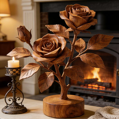 Hand-Carved Wooden Rose Sculpture - 2-Bloom Branch Decor for Romantic & Wedding Gifts