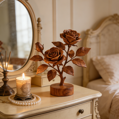 Hand-Carved Wooden Rose Sculpture - 2-Bloom Branch Decor for Romantic & Wedding Gifts